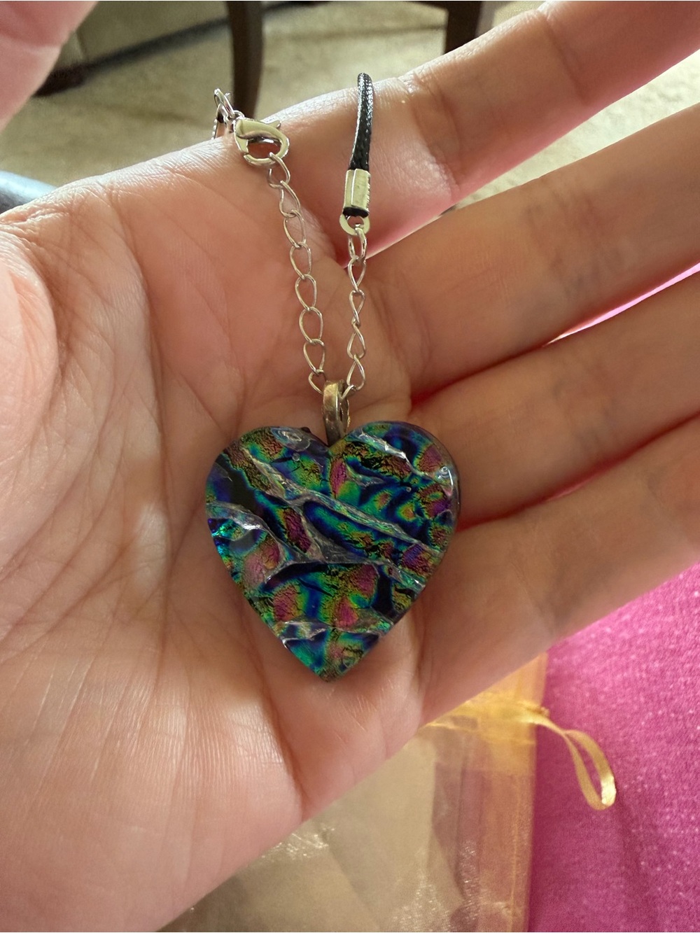 Dichroic Glass Heart Pendant Necklace in Iridescent Blue-Green - Women Jewelry